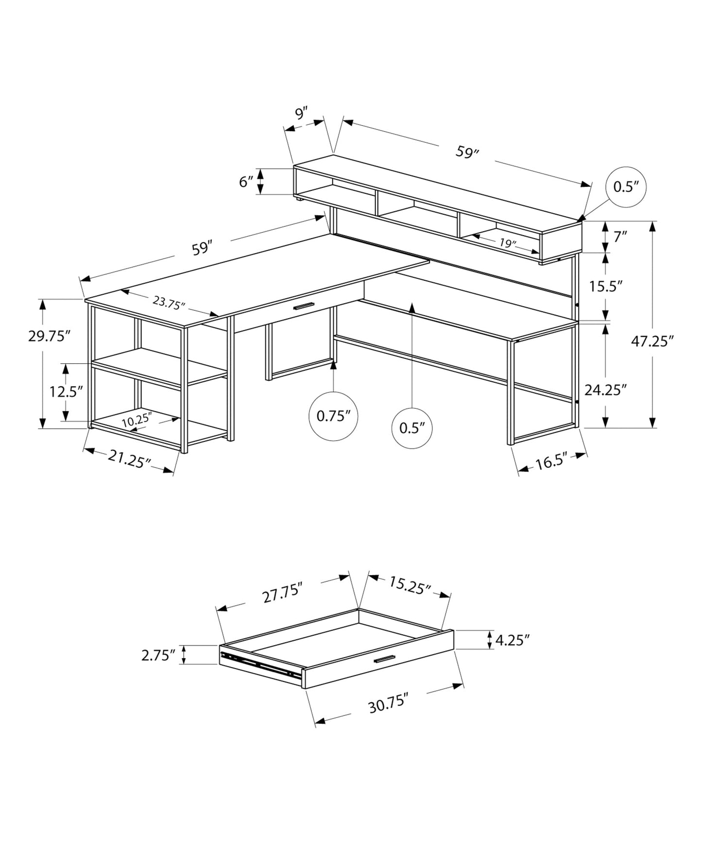 Computer Desk, Home Office, Corner, Storage Drawers, L Shape, Work, Laptop, Brown Laminate, Black Metal, Contemporary, Modern