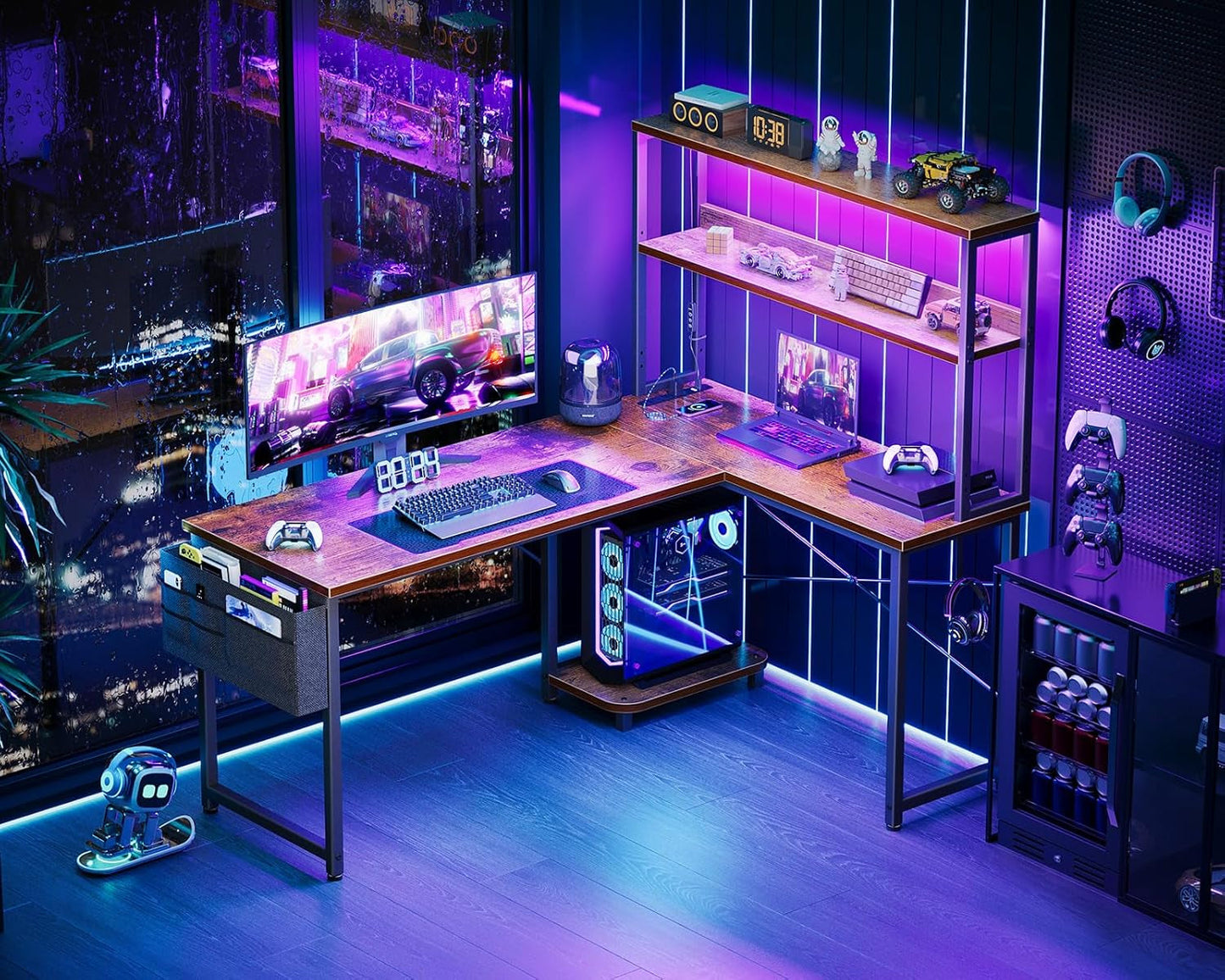 53 Inch L Shaped Desk With LED Lights And Power Outlet