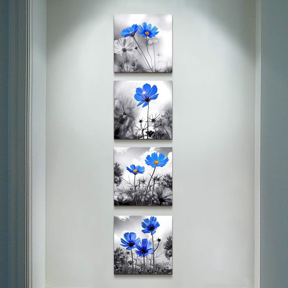 Modern Black and White Plant Art: 4-Panel Floral Canvas for Chic Living Room Decor