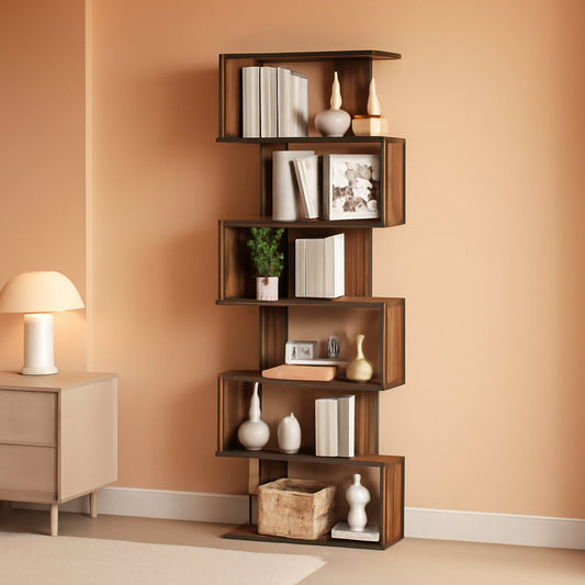 Geometric Bookcase 6 Tier S Shaped Rustic Brown Wood Shelf