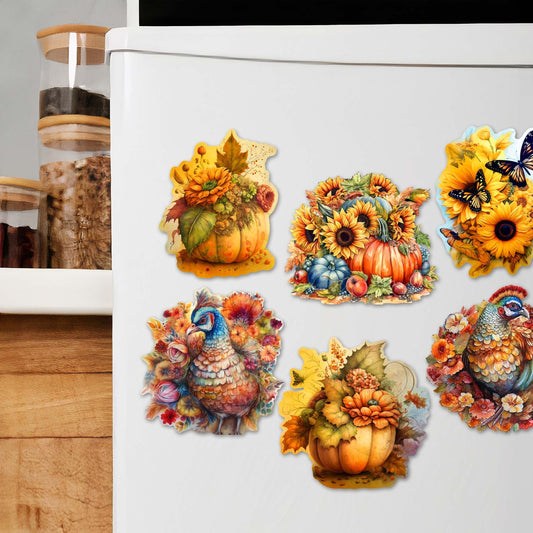 Happy Thanksgiving Decorative Wooden Magnets Set of 6 by G. Debrekht - Thanksgiving Decor - 8090018G-S6