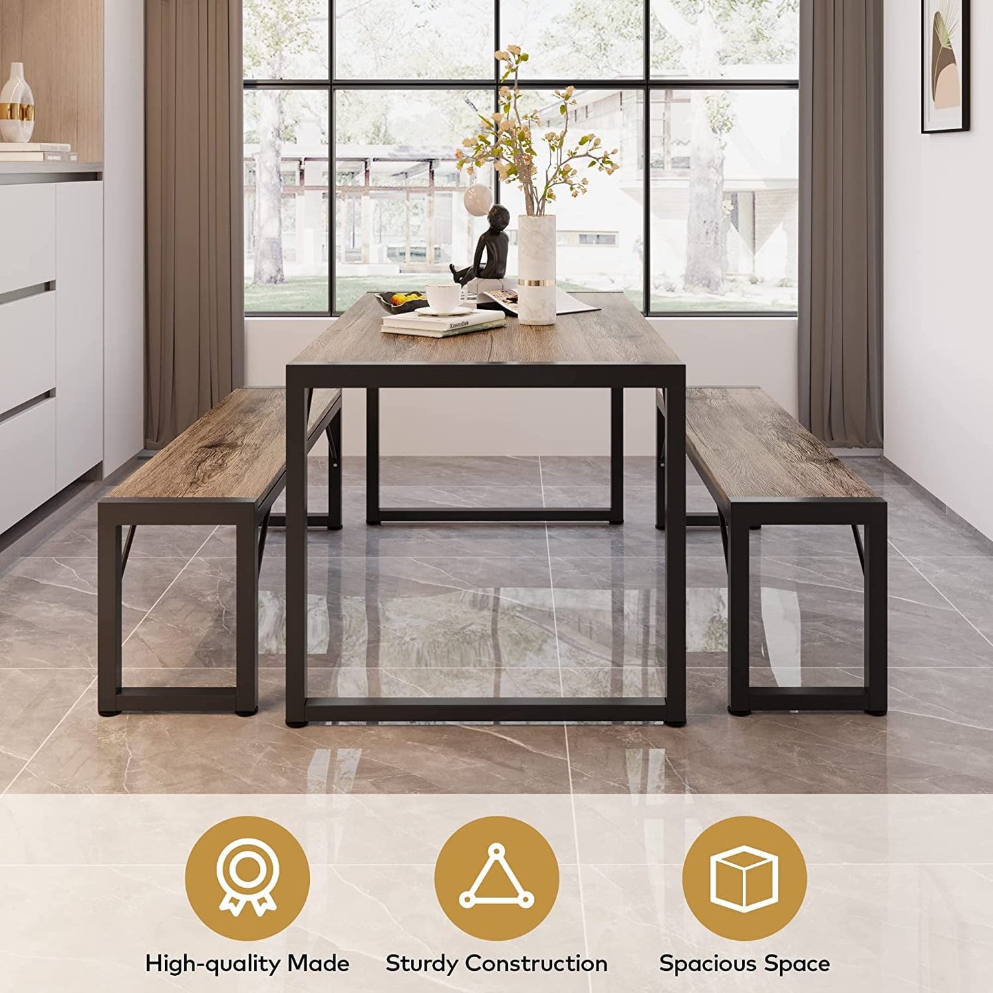 Dining Table Set For 4 With 2 Benches Gray Finish Modern
