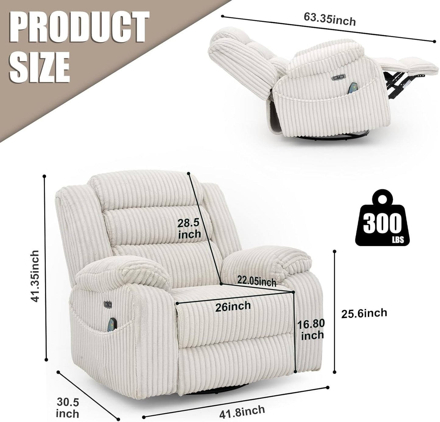 Power Swivel Rocker Recliner Chair With Massage And USB Charging White