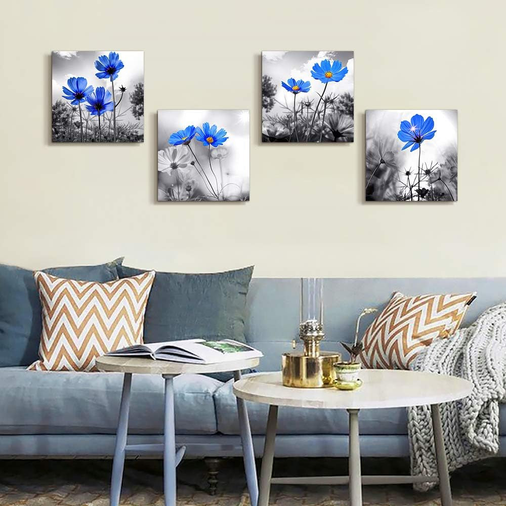 Modern Black and White Plant Art: 4-Panel Floral Canvas for Chic Living Room Decor