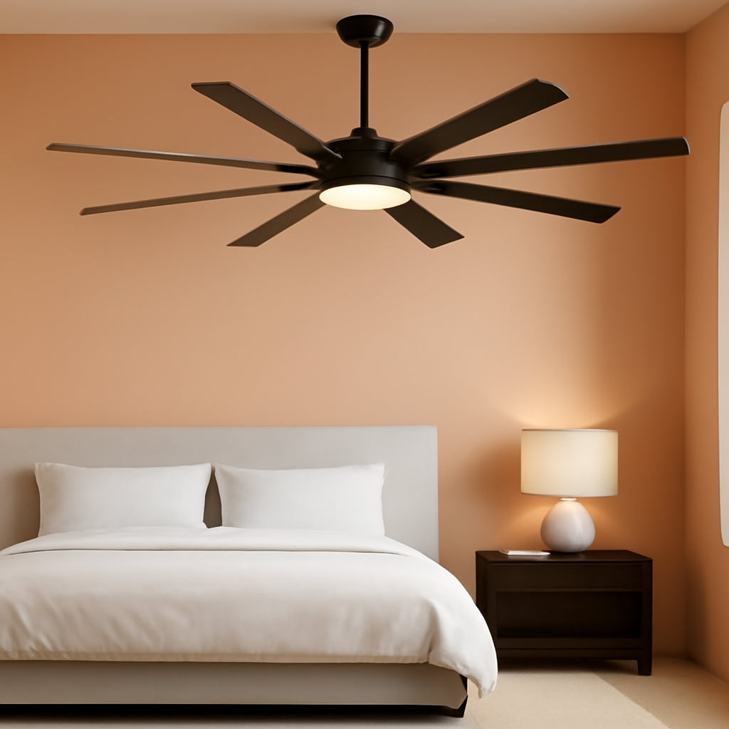 72 Inch Black Outdoor Ceiling Fan With Light And Remote in a modern bedroom setting with warm colors.