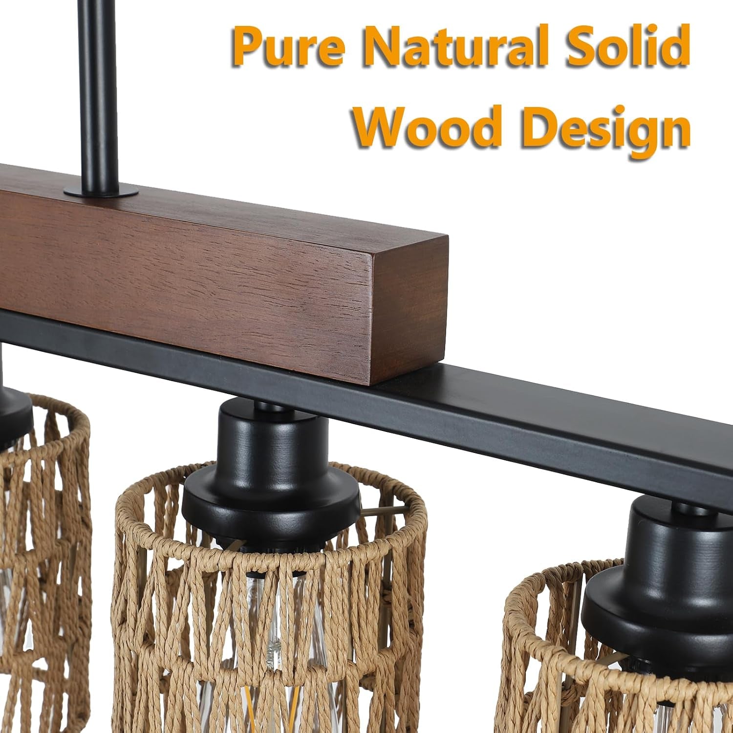 Rattan Farmhouse 5 Light Linear Chandelier Black Lighting showcasing pure natural solid wood design and handmade rattan shades
