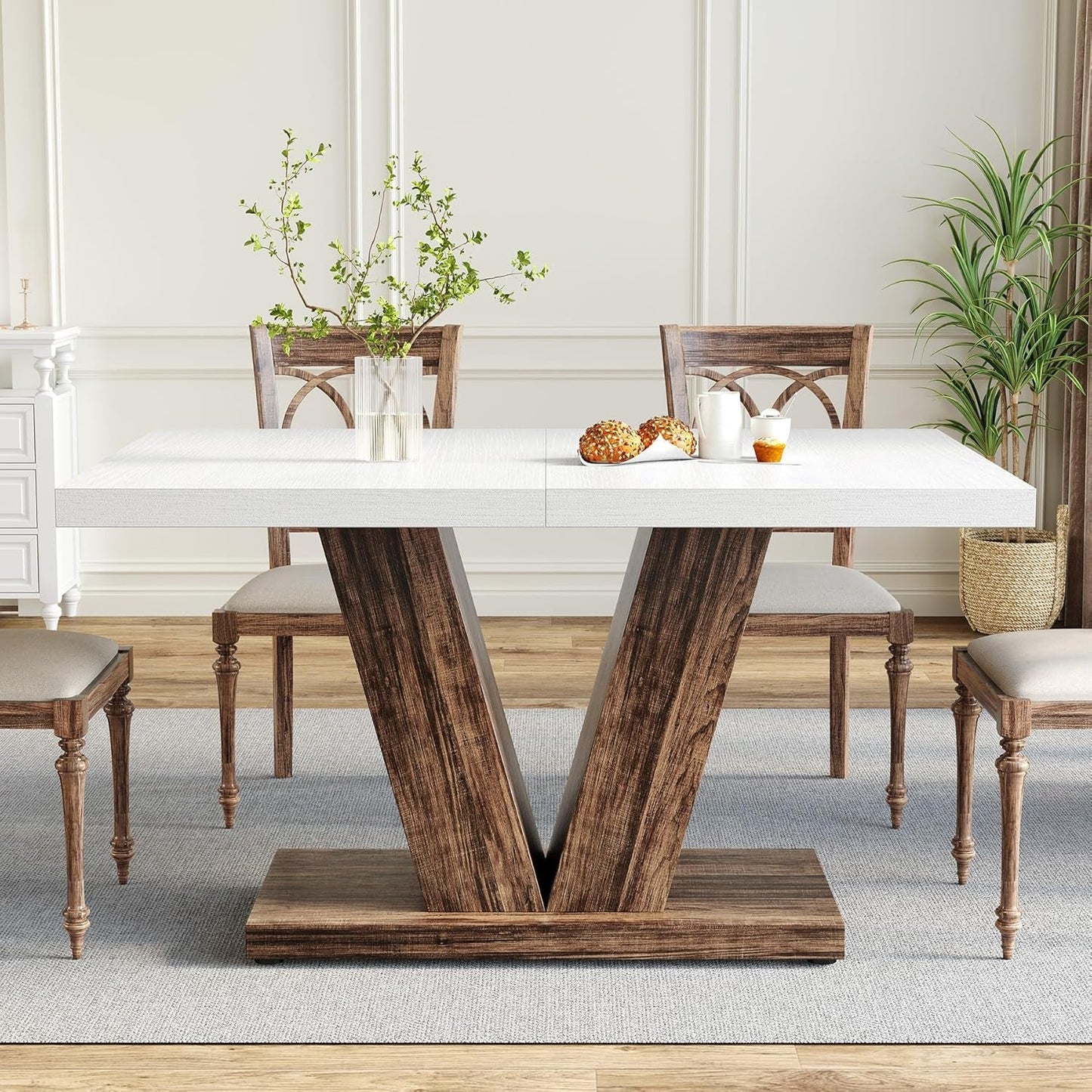 47 Inch White Rectangular Dining Table With Rustic Pedestal