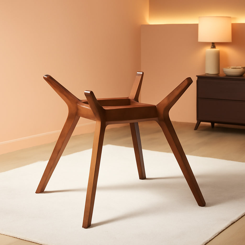 Paxton Mid Century Modern Dining Table Base Nutmeg Finish on a light rug in a soft-lit dining area.