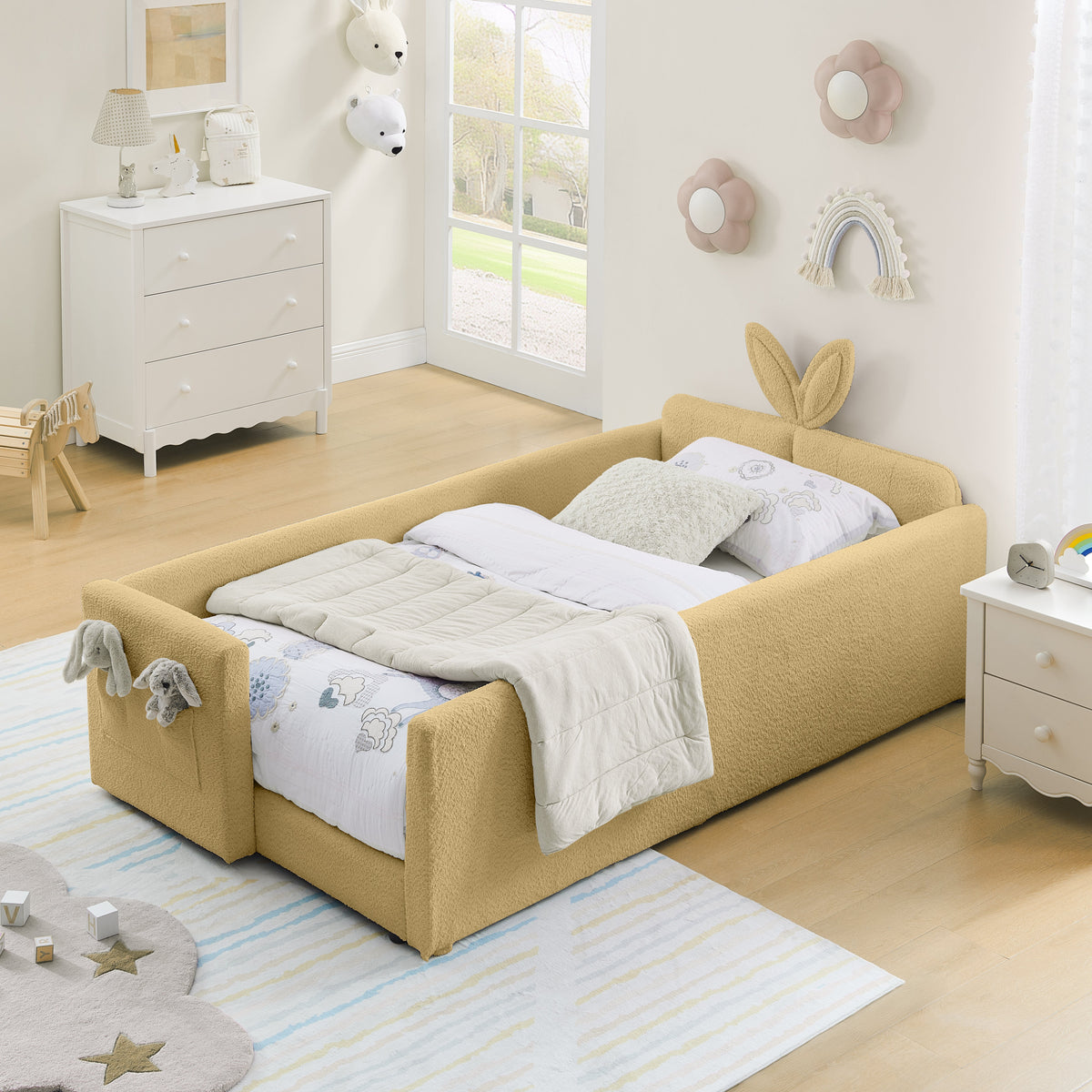 Twin Size Upholstered Platform Bed with Rabbit Ear Headboard