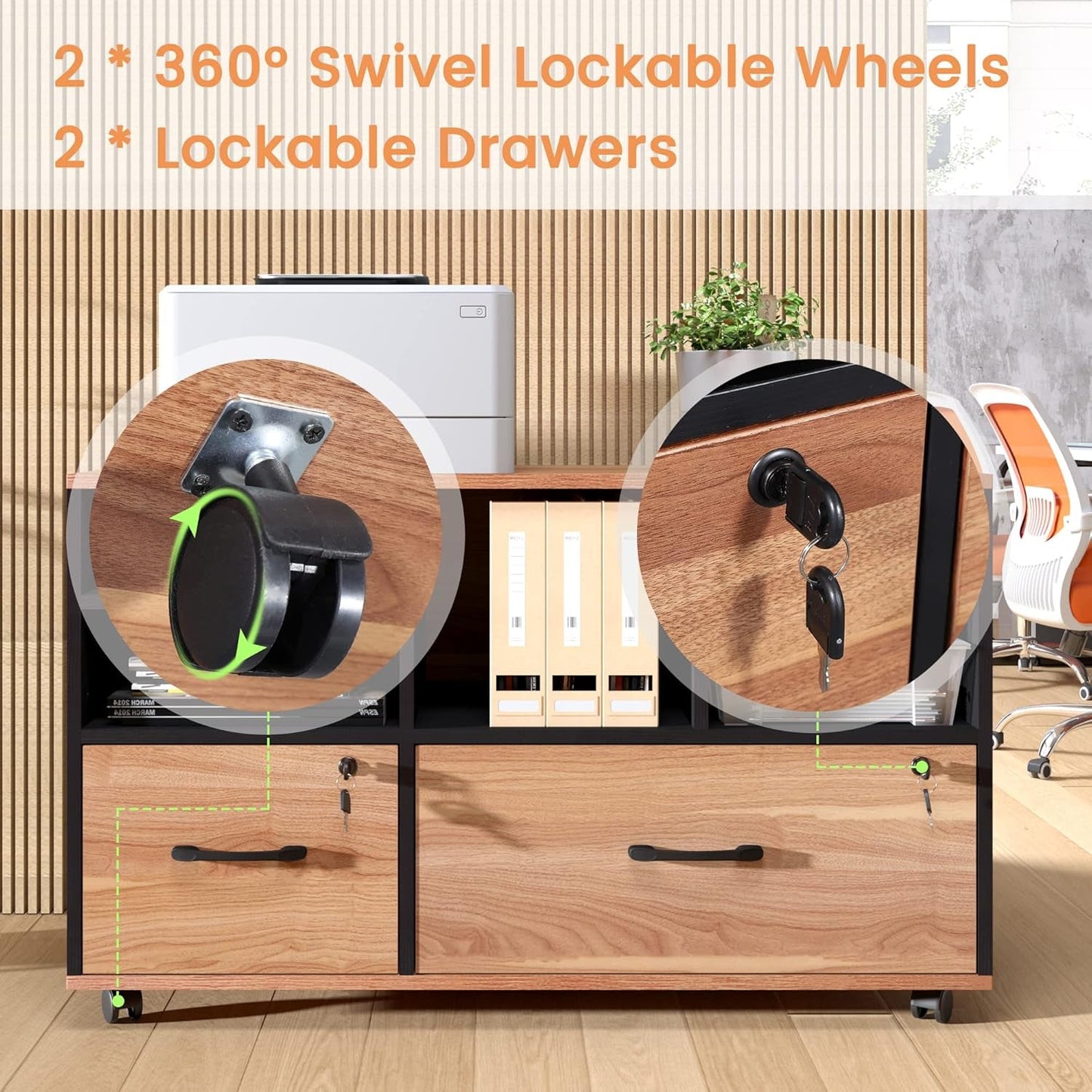 Wooden 2 Drawer File Cabinet Lockable Rolling with Adjustable Shelves Rustic Brown and Black