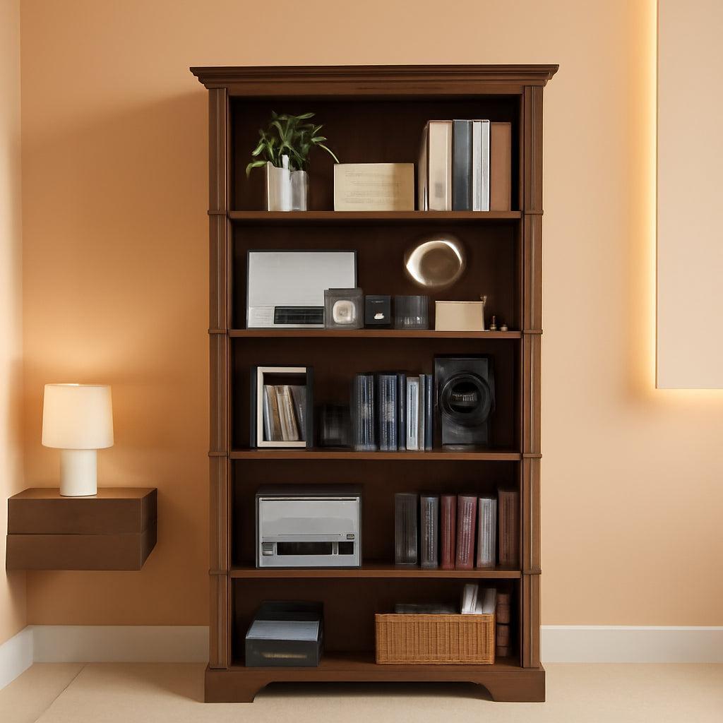 65-Inch Tall Brown Wooden Bookshelf With Five Tiers
