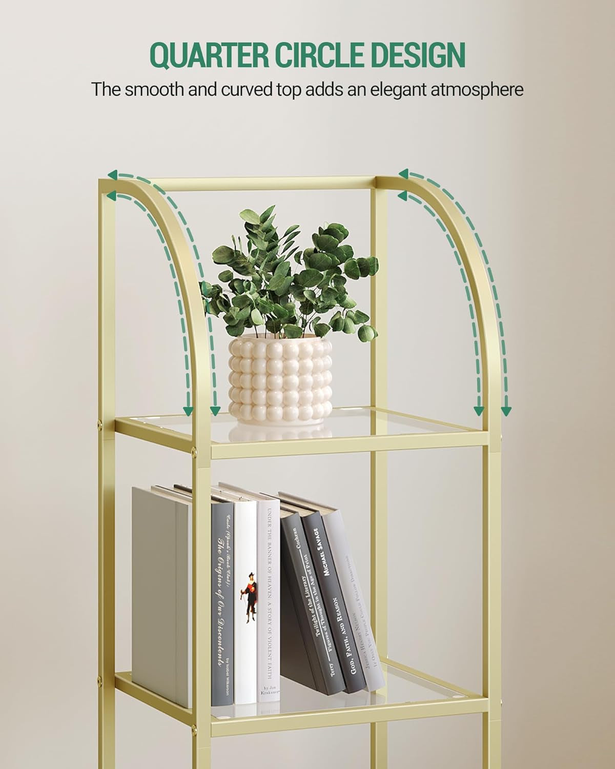 Bookcase Bookshelf 6 Tier Gold Tempered Glass Arched Top