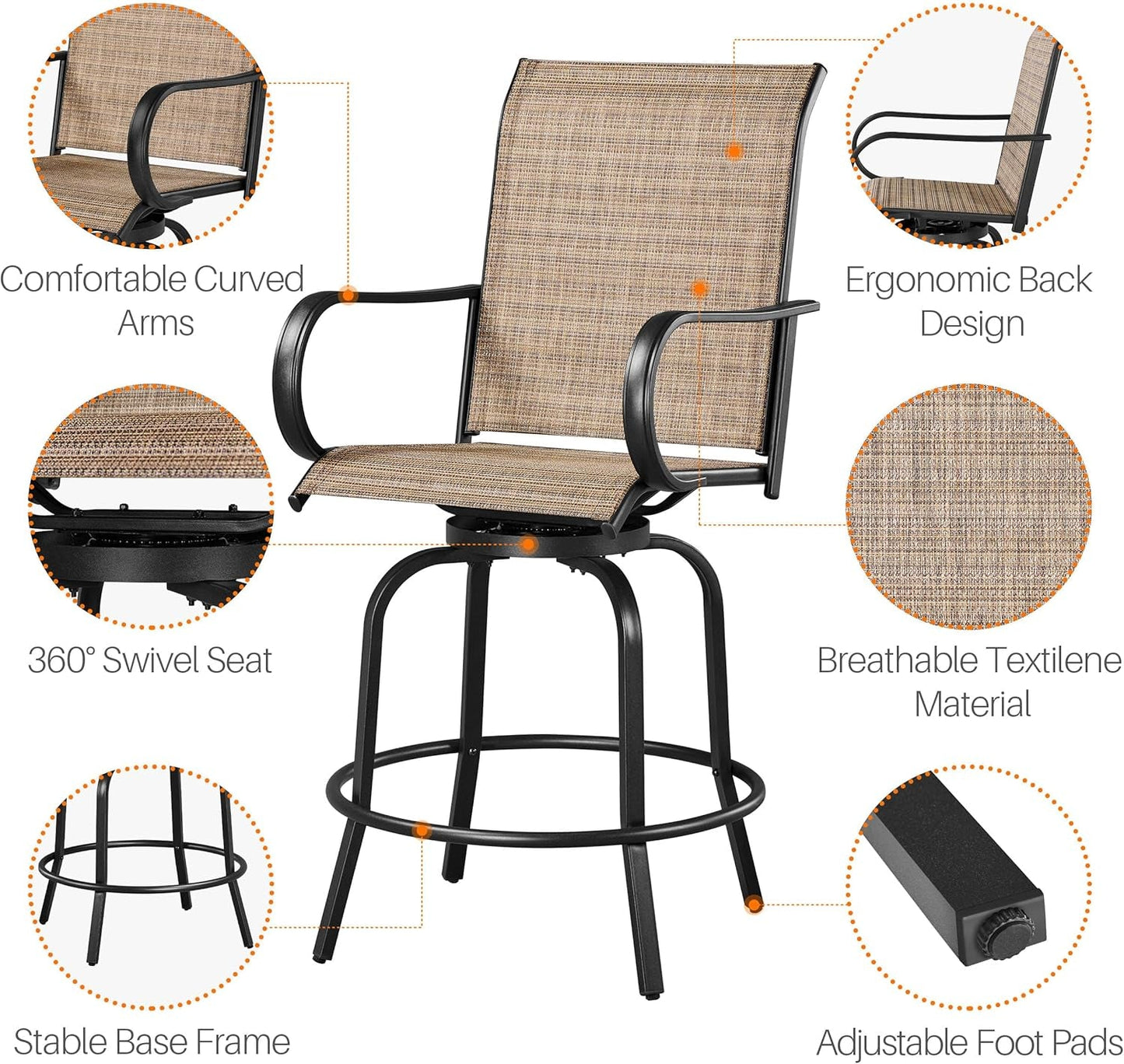 Outdoor Swivel Barstools Set of Four features comfortable curved arms and a 360° swivel seat.