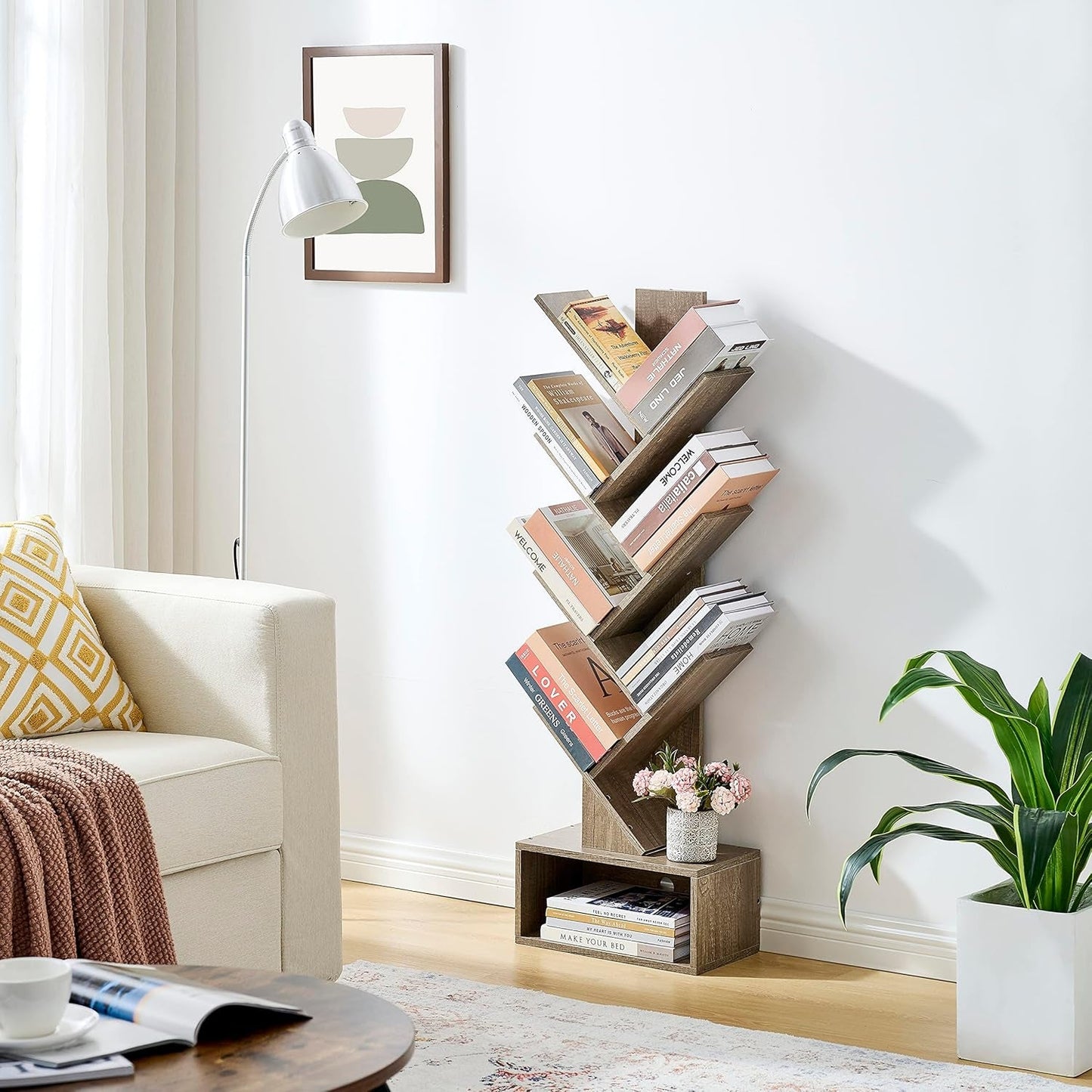 Tree Bookshelf 6 Tier Greige Freestanding Floor Display