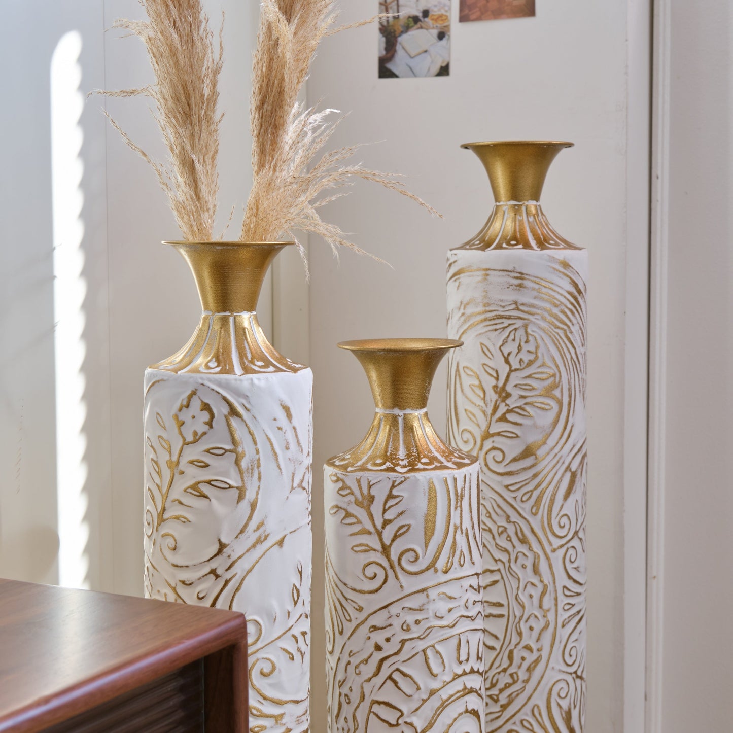 Floor Metal Vases Decorated White Metal Vases Set of 3 Gorgeous Home Decoration Large Glazed Metal Vases 24in/28.7in/33.5in Height