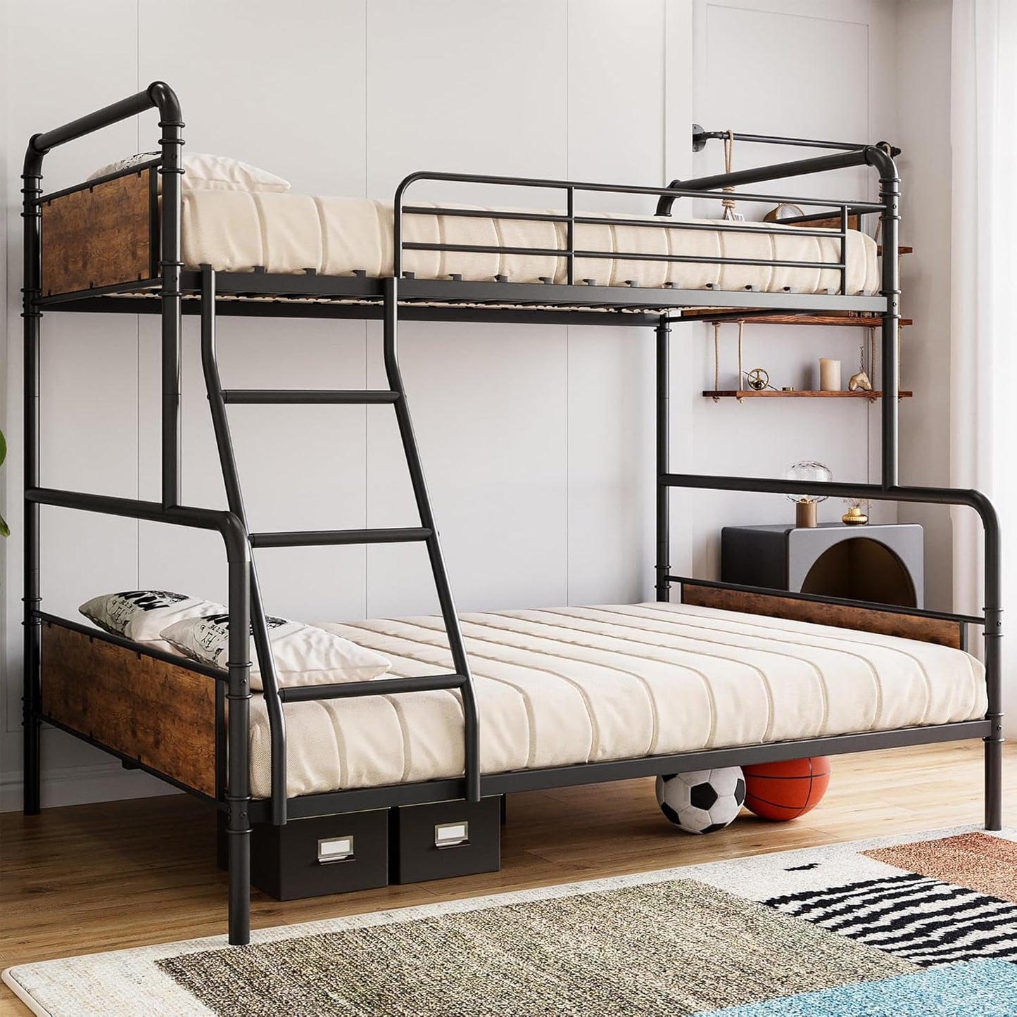 Twin Over Full Metal Bunk Bed Vintage Brown Space Saving