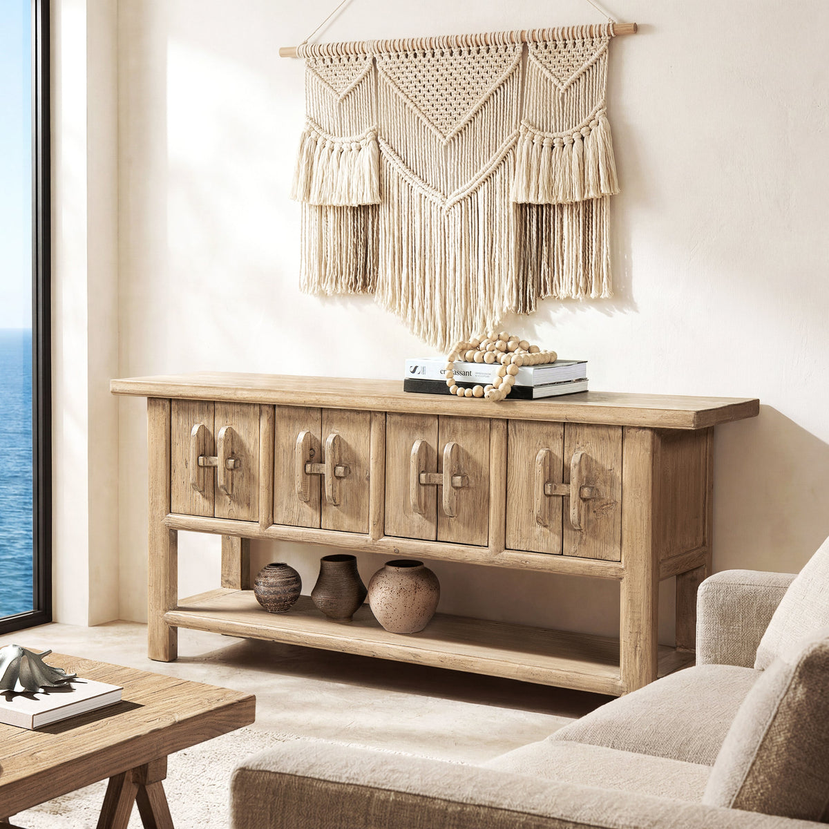 Rowan 78.5" Solid Reclaimed Pine Sideboard with Lower Shelf Heritage Light