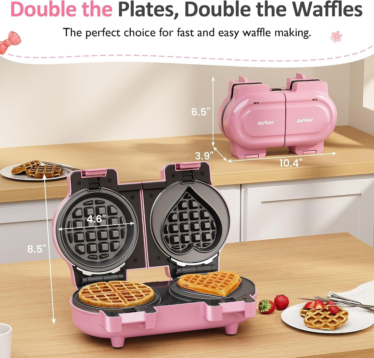 2 in 1 Heart Shape Waffle Maker - 4.6'' Double Mini Waffle Iron