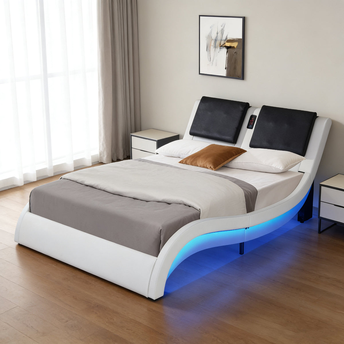 Faux Leather Upholstered Platform Bed Frame with LED Lighting