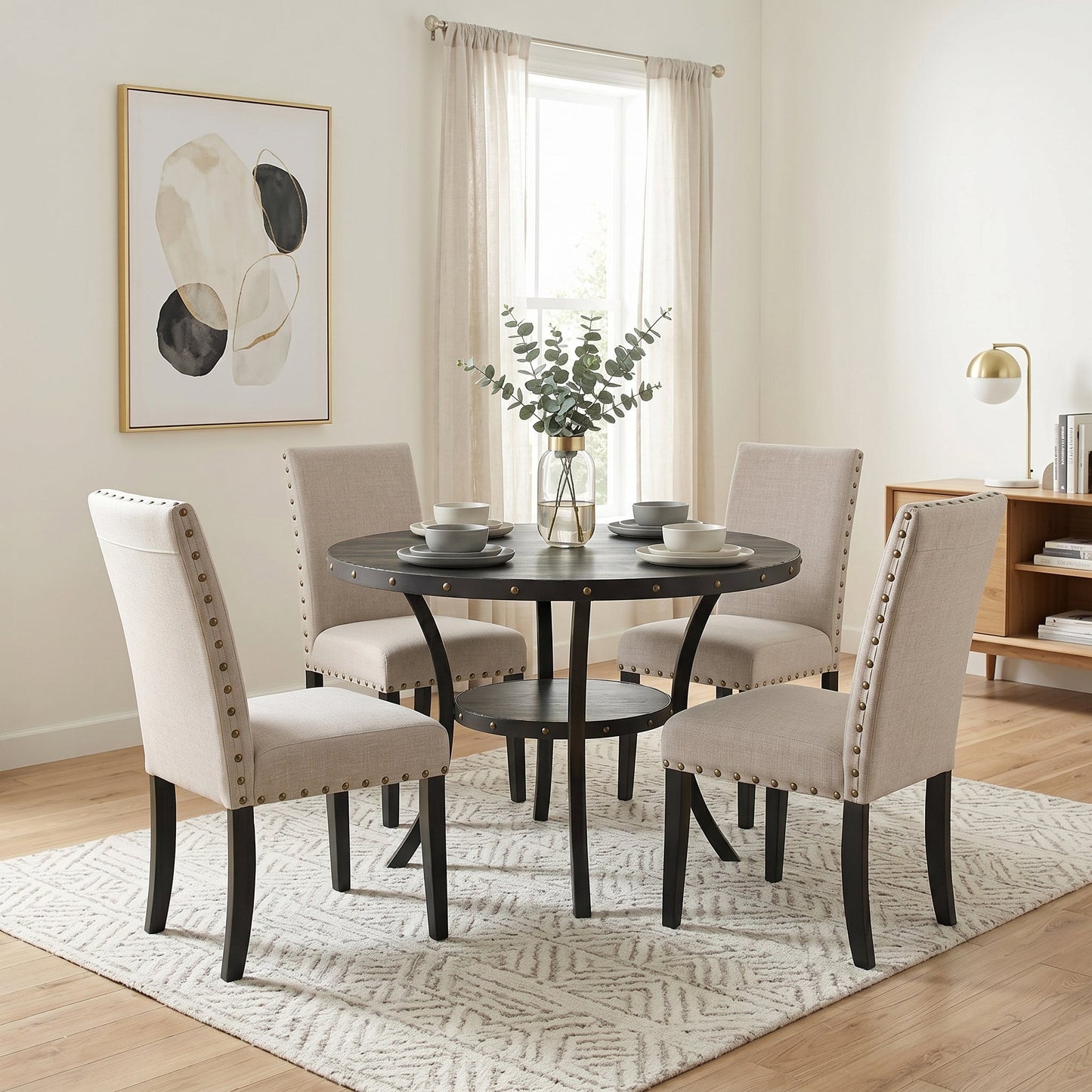 Biony Espresso Wood Dining Set With Gray Fabric Chairs