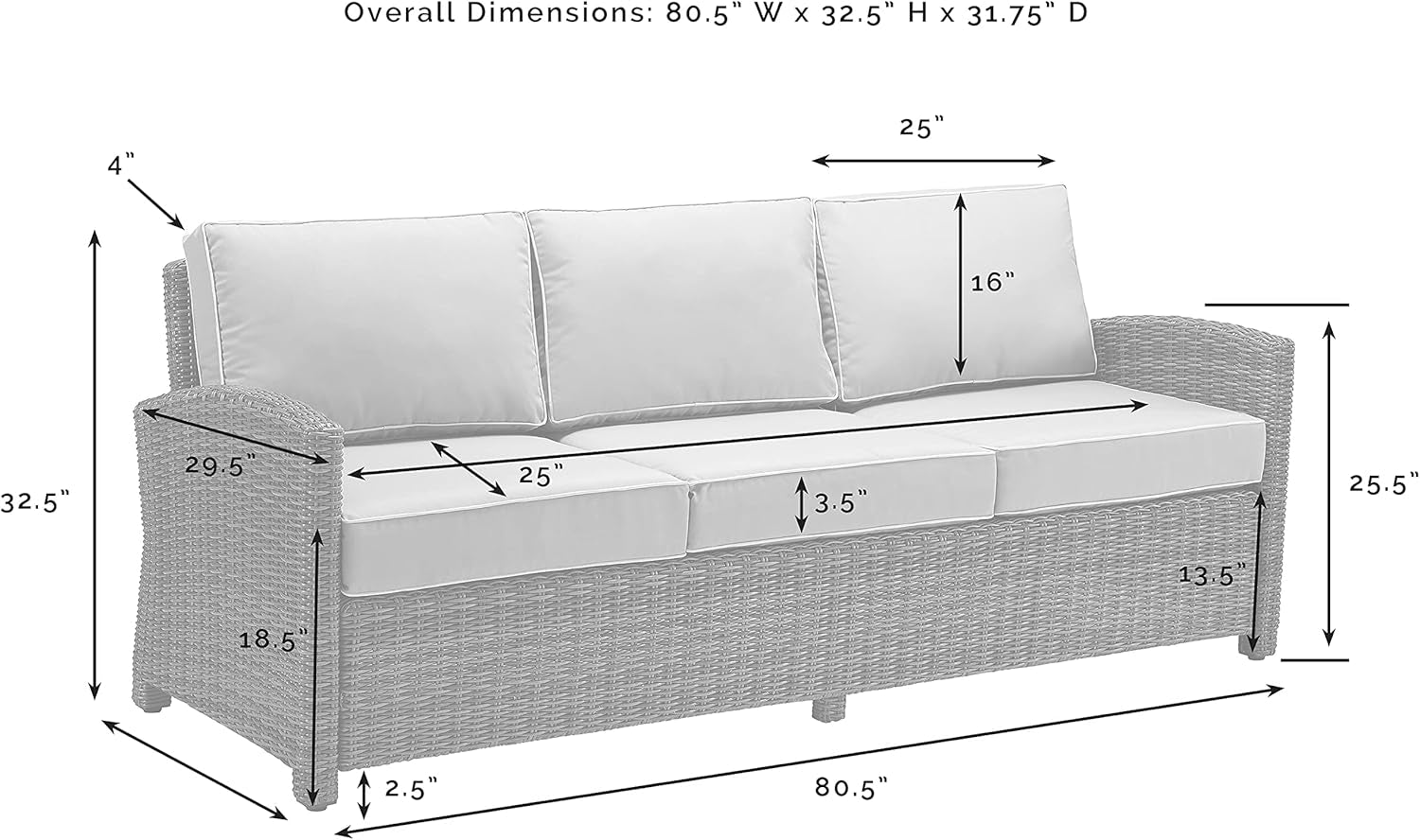 Brown Wicker Outdoor Sofa with Navy Cushions dimensions diagram showing overall size and cushion detail.