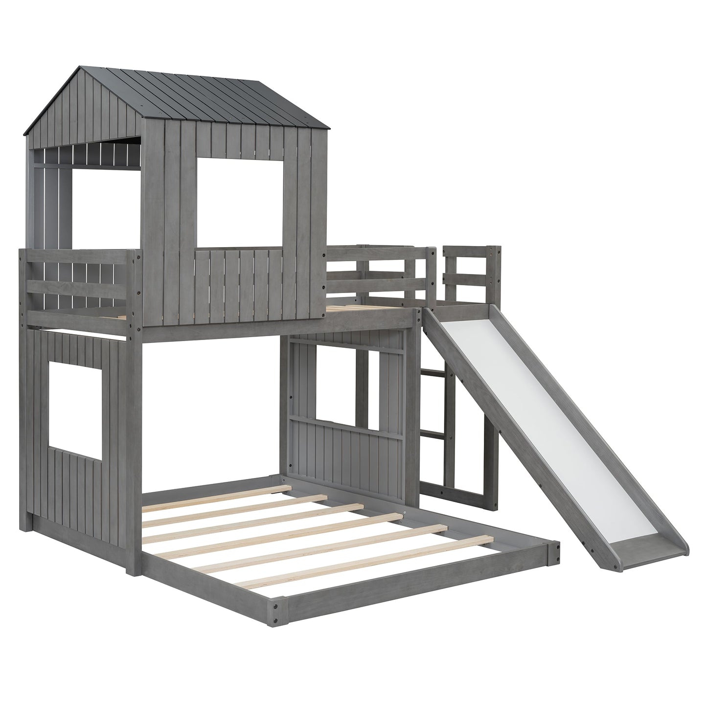 Wooden Twin Over Full Bunk Bed with Playhouse
