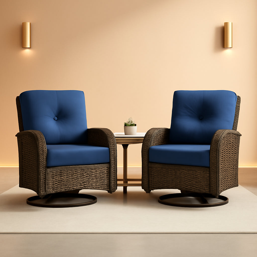Patio Wicker Swivel Rocker Chairs Set Of 2 With Glass Top Side Table Brown Blue