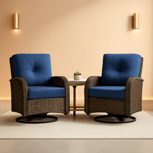 Patio Wicker Swivel Rocker Chairs Set Of 2 With Glass Top Side Table Brown Blue