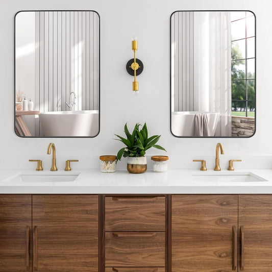 24x36 Inch Black Rounded Rectangle Bathroom Mirror With Anti Rust Stainless Steel Frame