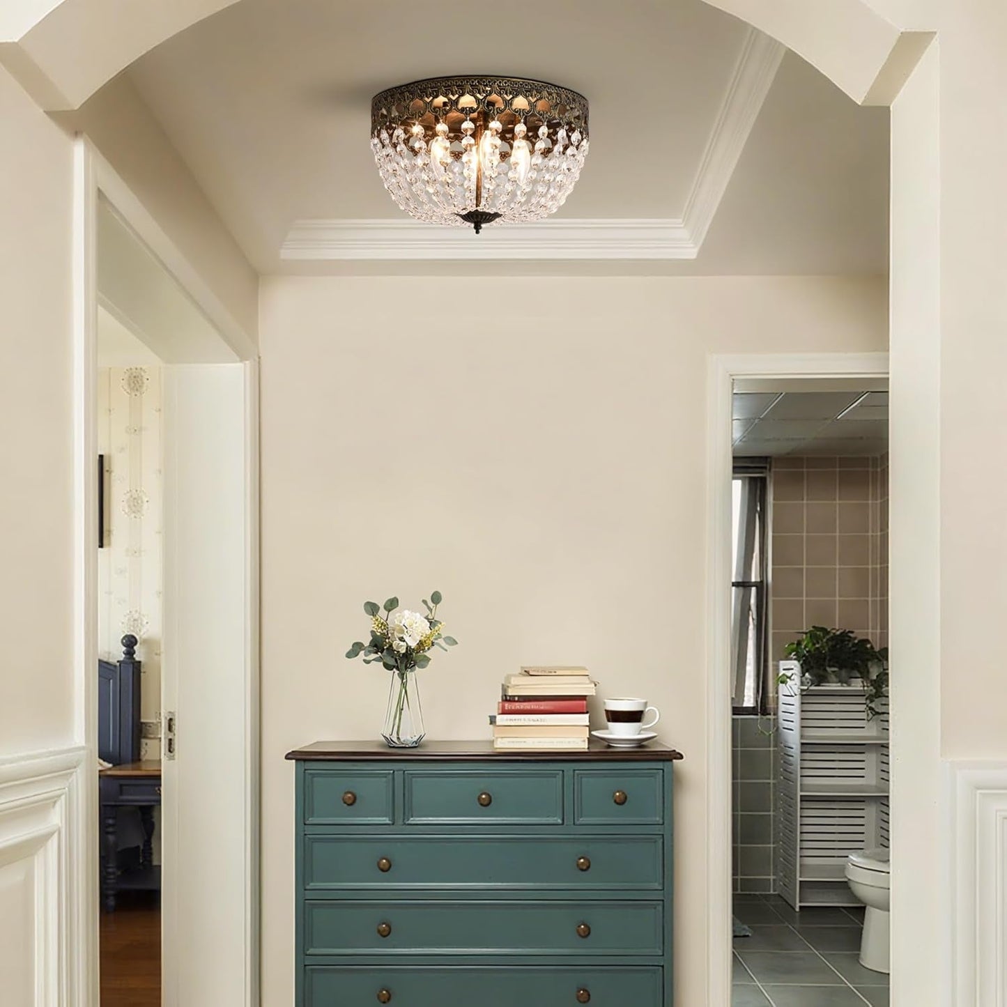 Bronze Crystal 15 Inch Four Light Flush Mount Ceiling Light