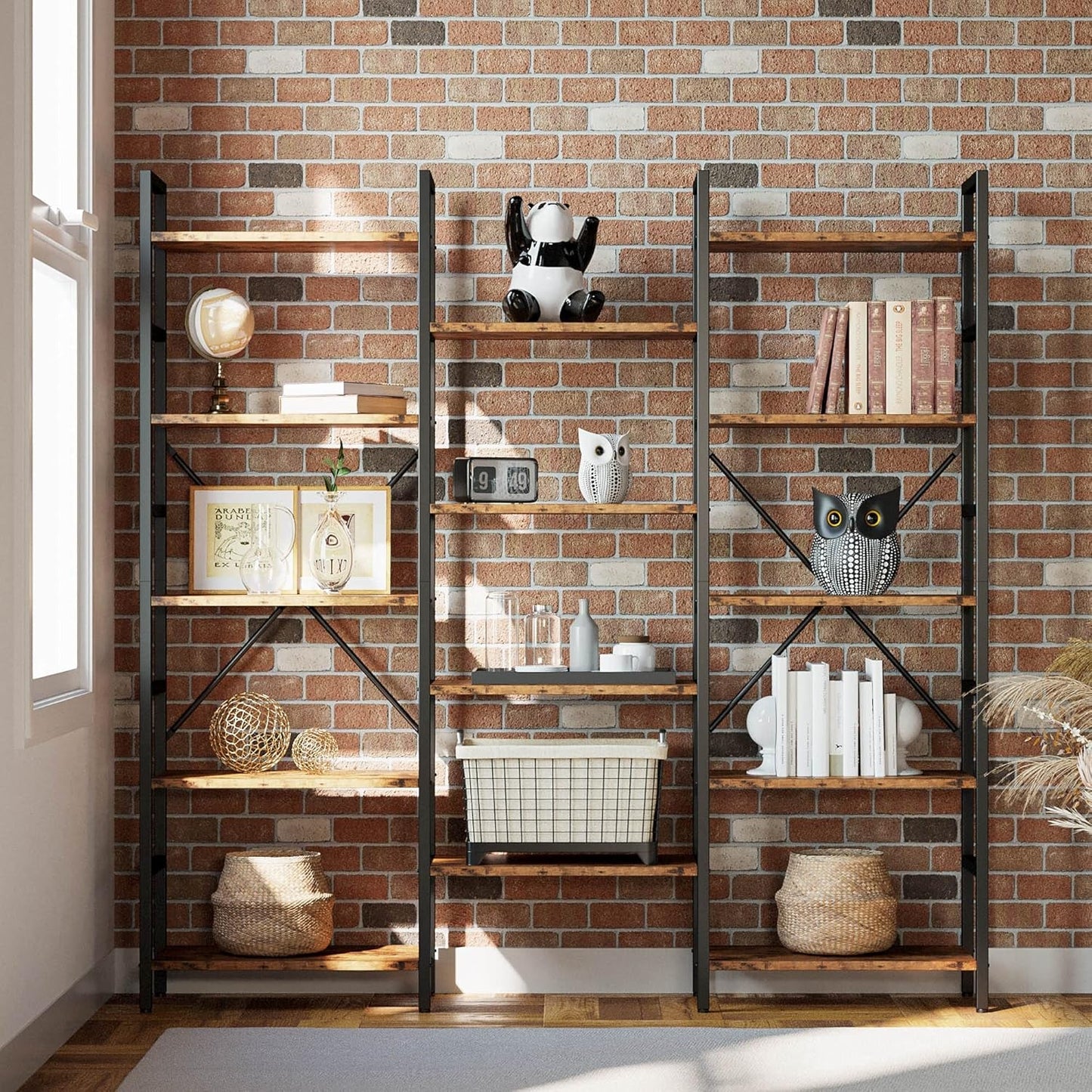 Triple Wide 5 Tier Industrial Bookshelf Matte Black