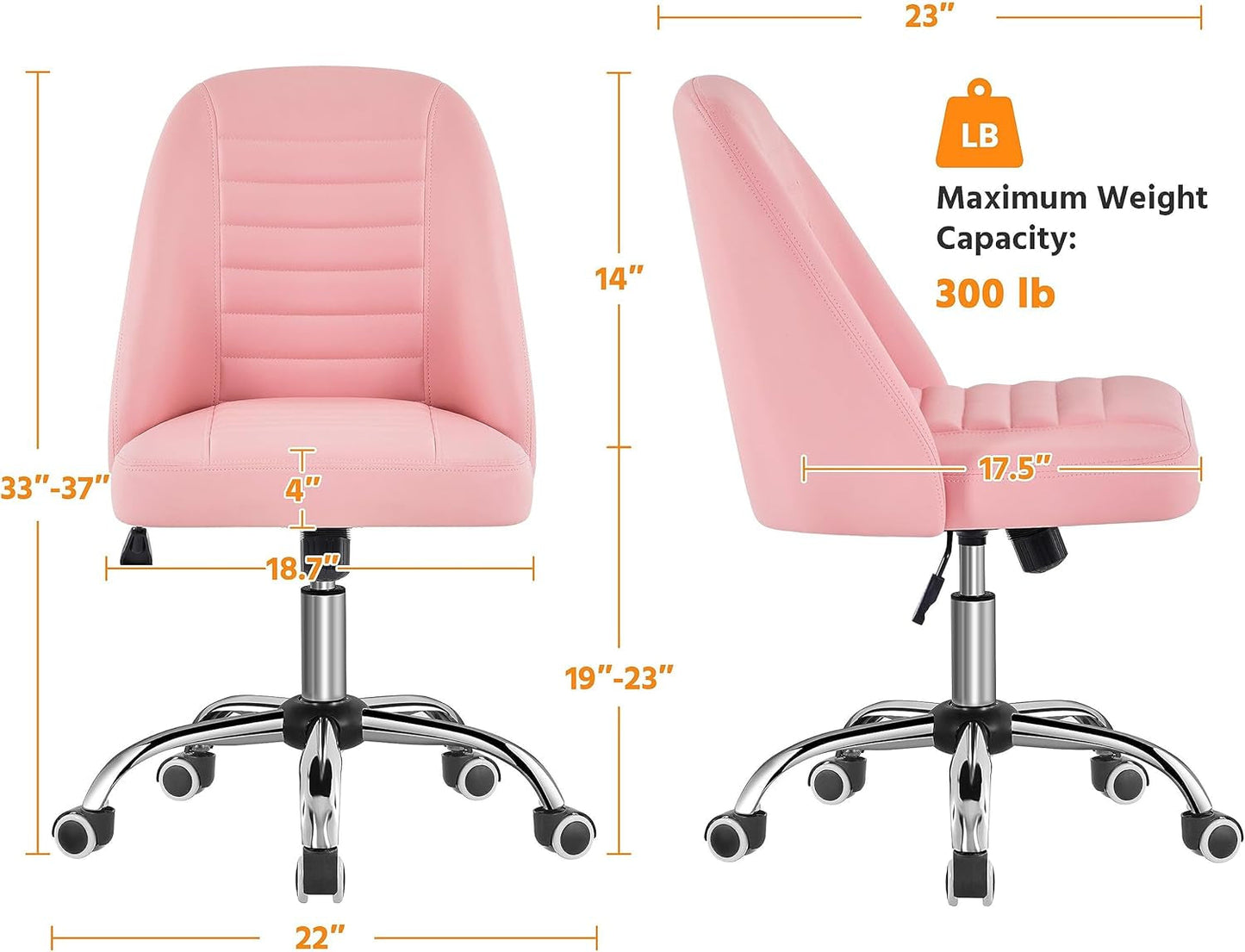 Pink PU Leather Armless Office Chair With Rolling Wheels
