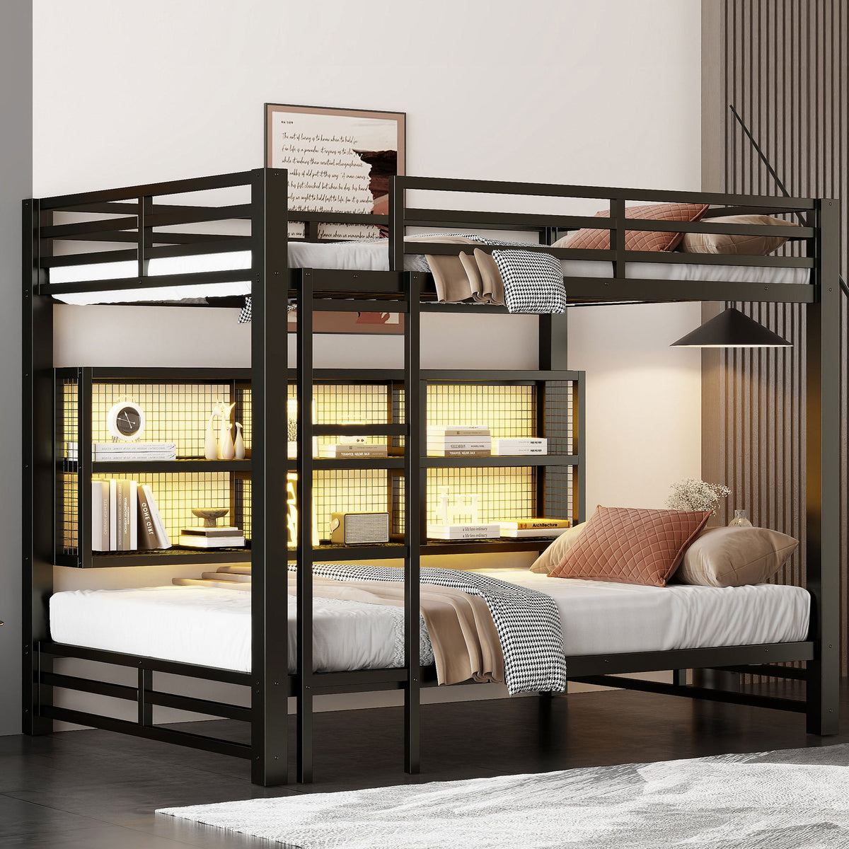 Metal Queen Over Queen Bunk Bed with Storage Cabinets and LED