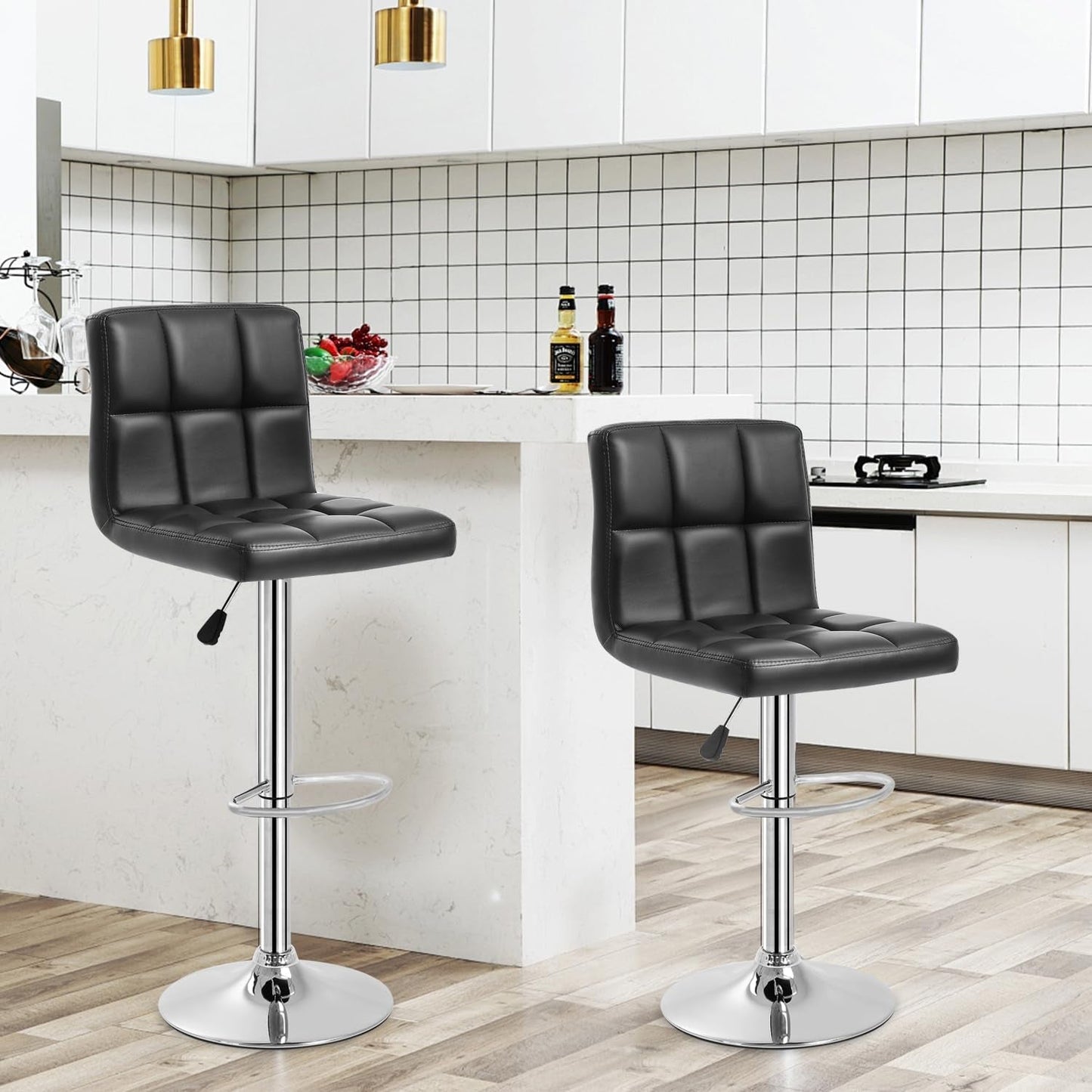 Counter Height Swivel Bar Stool Set Of 2 PU Leather Black