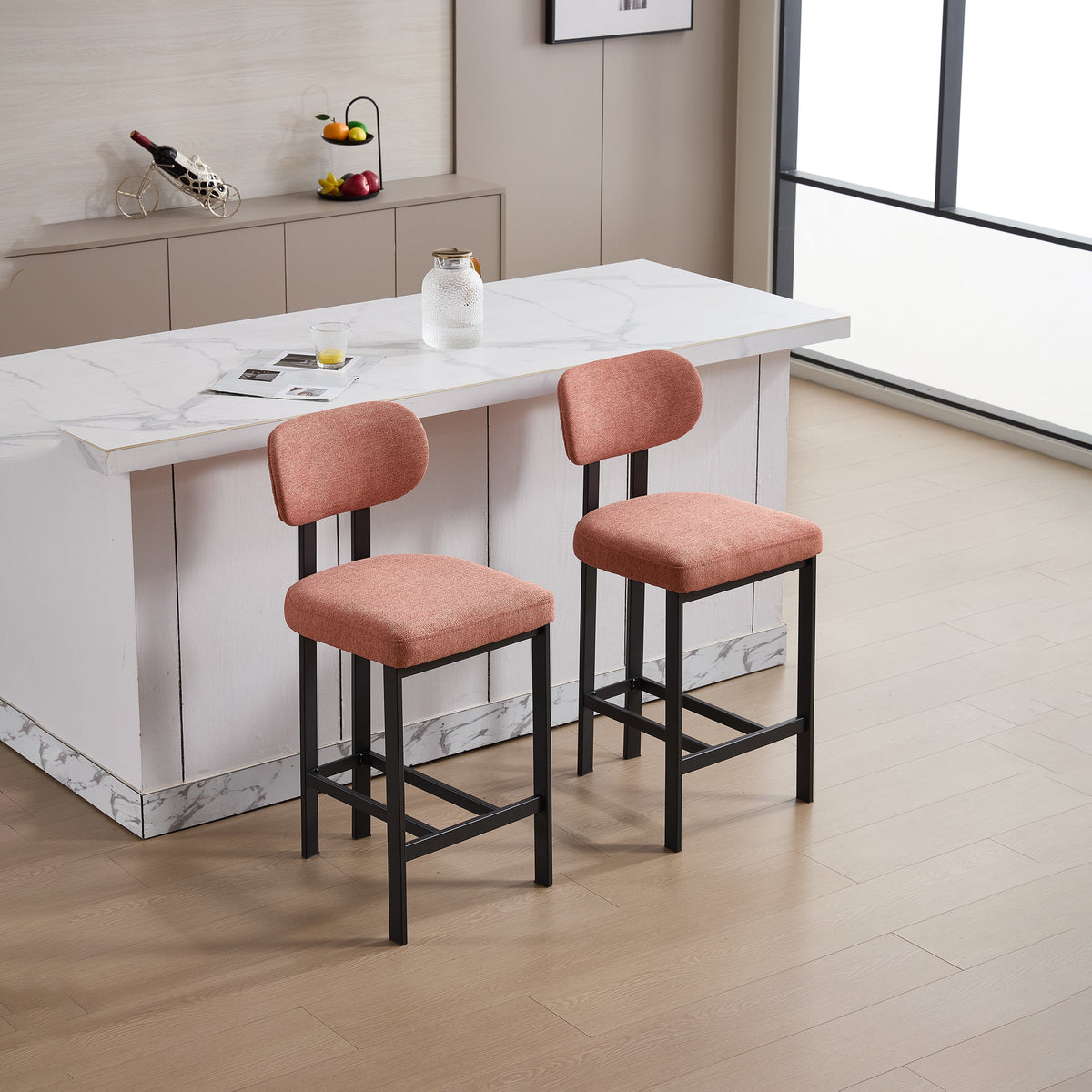 Bar Stools Set of 2, 26 Inch Modern Upholstered Fabric Counter Height Barstools