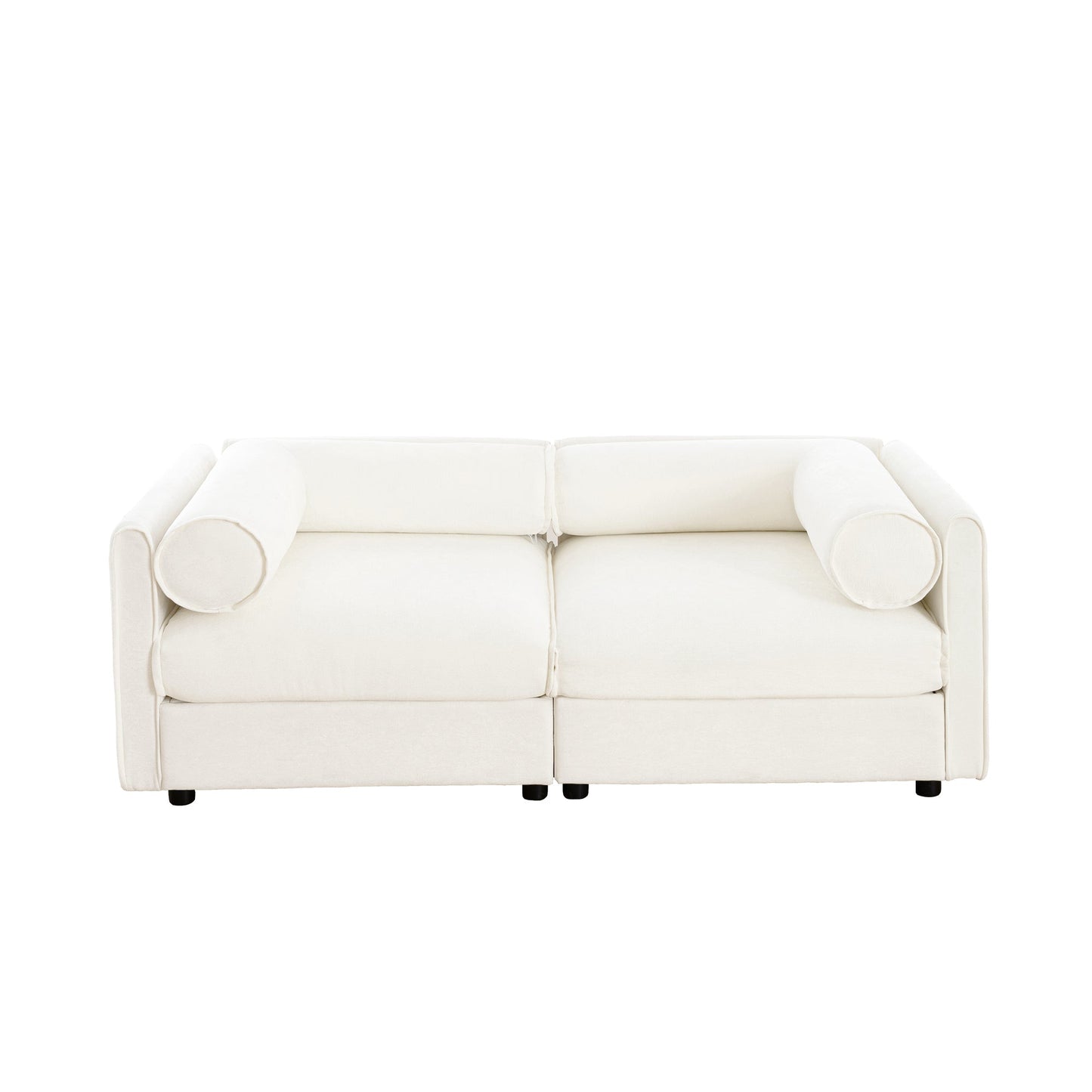 Stylish White Chenille 2-Seater Sofa with Storage Seat, Cylindrical Backrest and Armrests, Modern Fabric Loveseat Featuring Hidden Storage Space