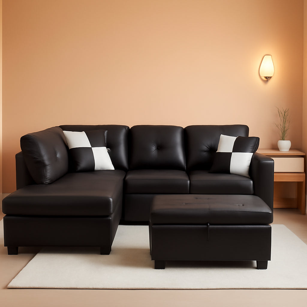 Faux Leather Sectional Sofa With Chaise Black For Living