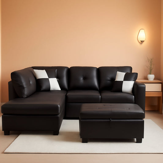 Faux Leather Sectional Sofa With Chaise Black For Living