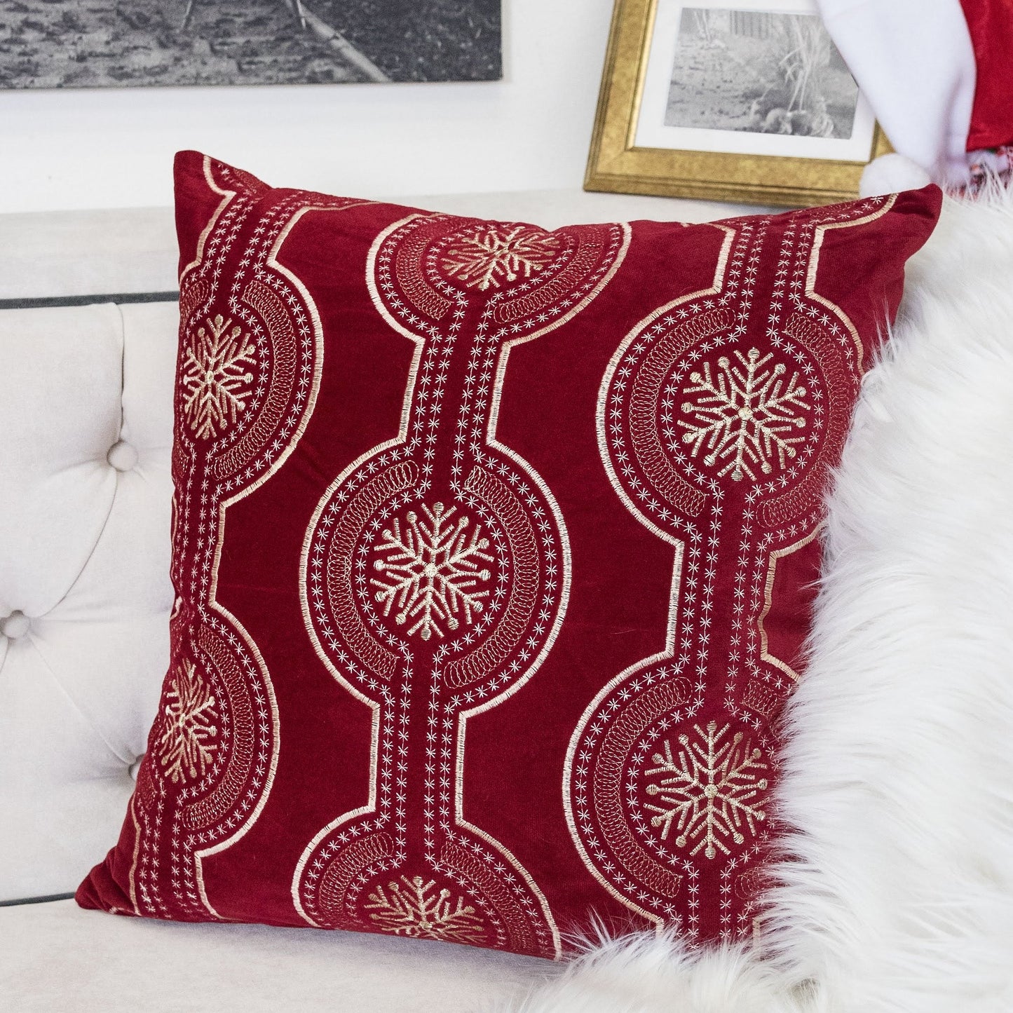 Red Holiday Embroidered Velvet Throw Pillow with Insert