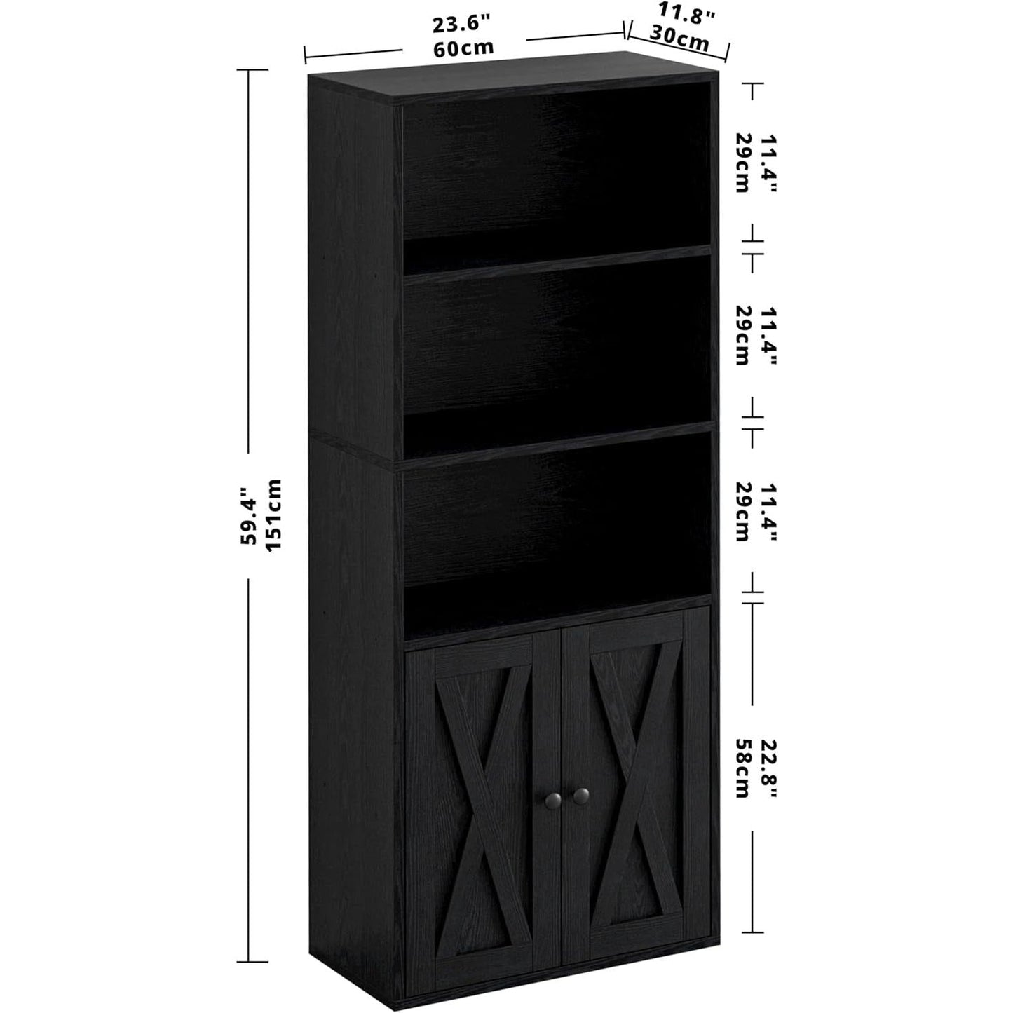 Industrial Bookshelf With Doors 11.8 Inch Depth 5 Shelves