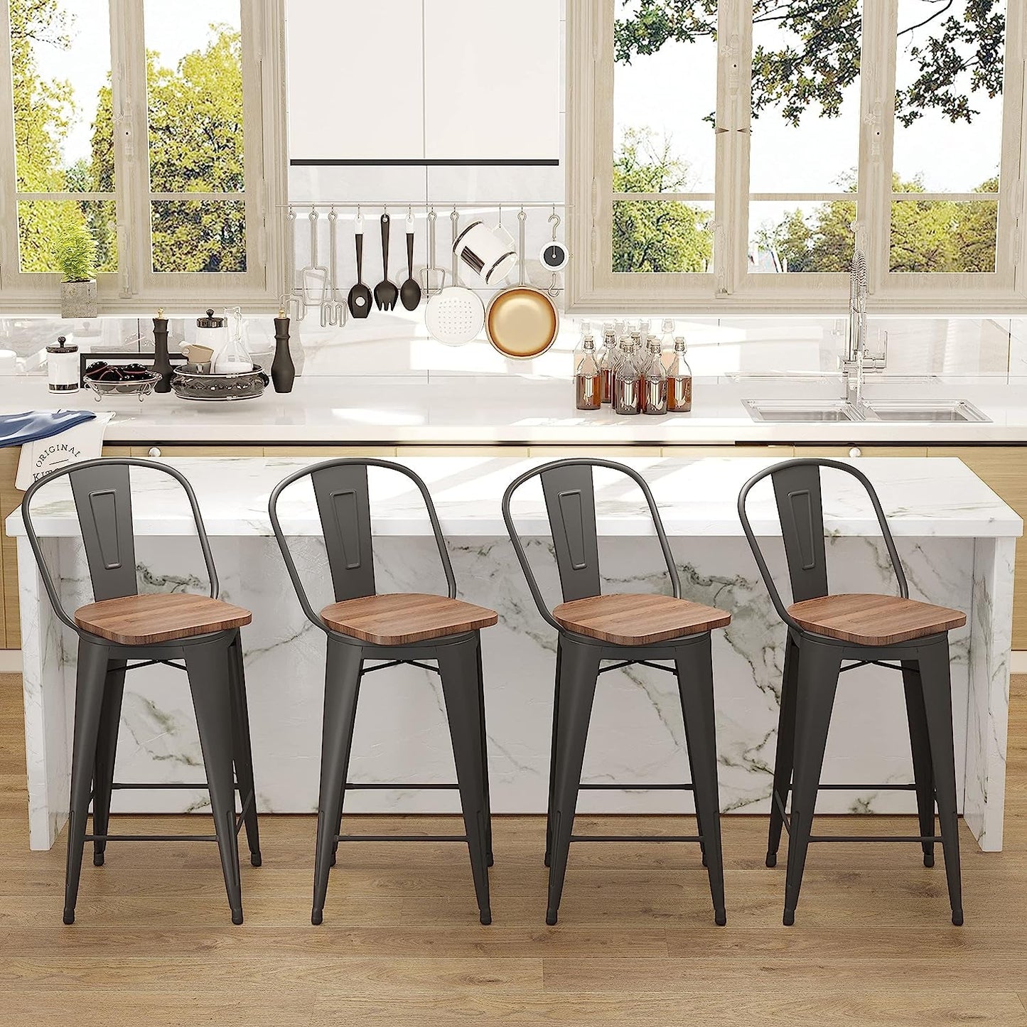 Counter Height Swivel Bar Chairs With Back Set Of 4 in a modern kitchen with marble countertop.