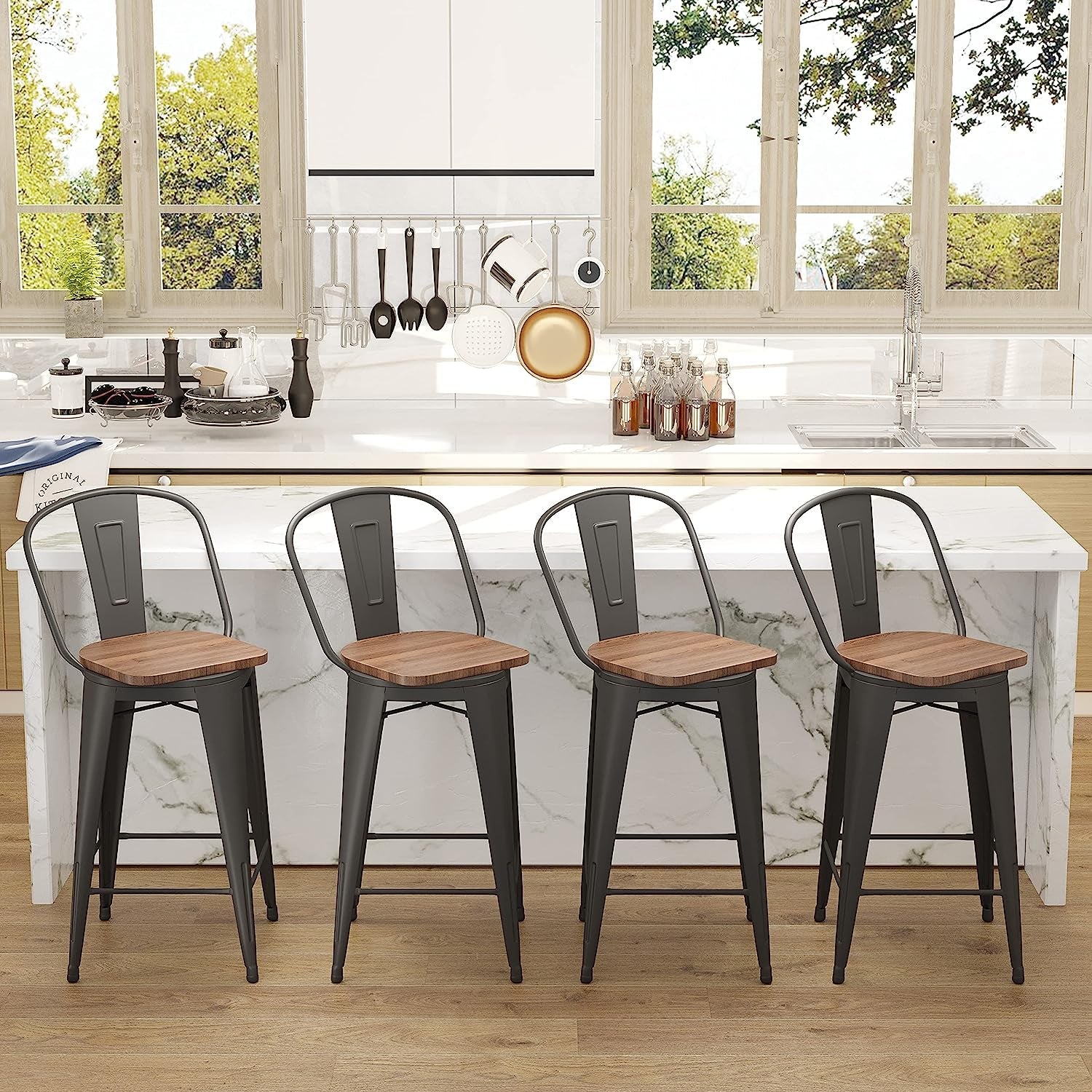 Counter Height Swivel Bar Chairs With Back Set Of 4 in a modern kitchen with marble countertop.