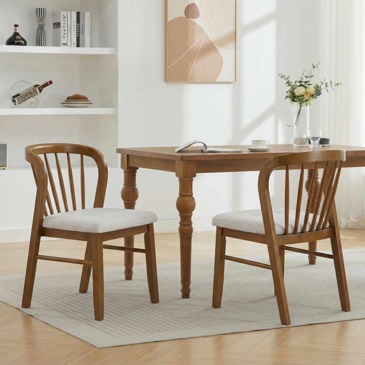 Mid-Century Modern Rubber Wood Dining Chair With Upholstered Seat (Set of 2)