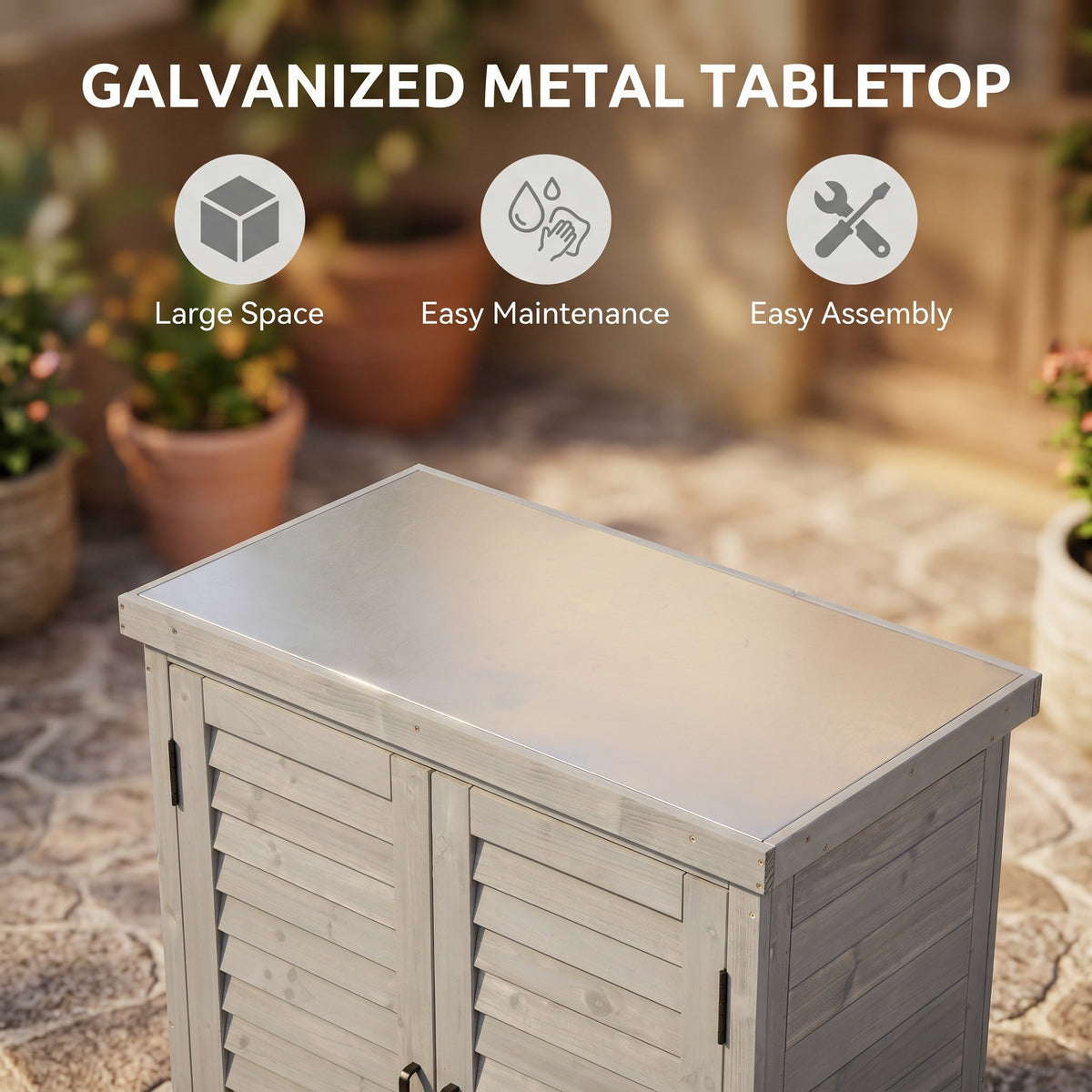 Potting Bench with Storage Cabinet and Metal Table Top