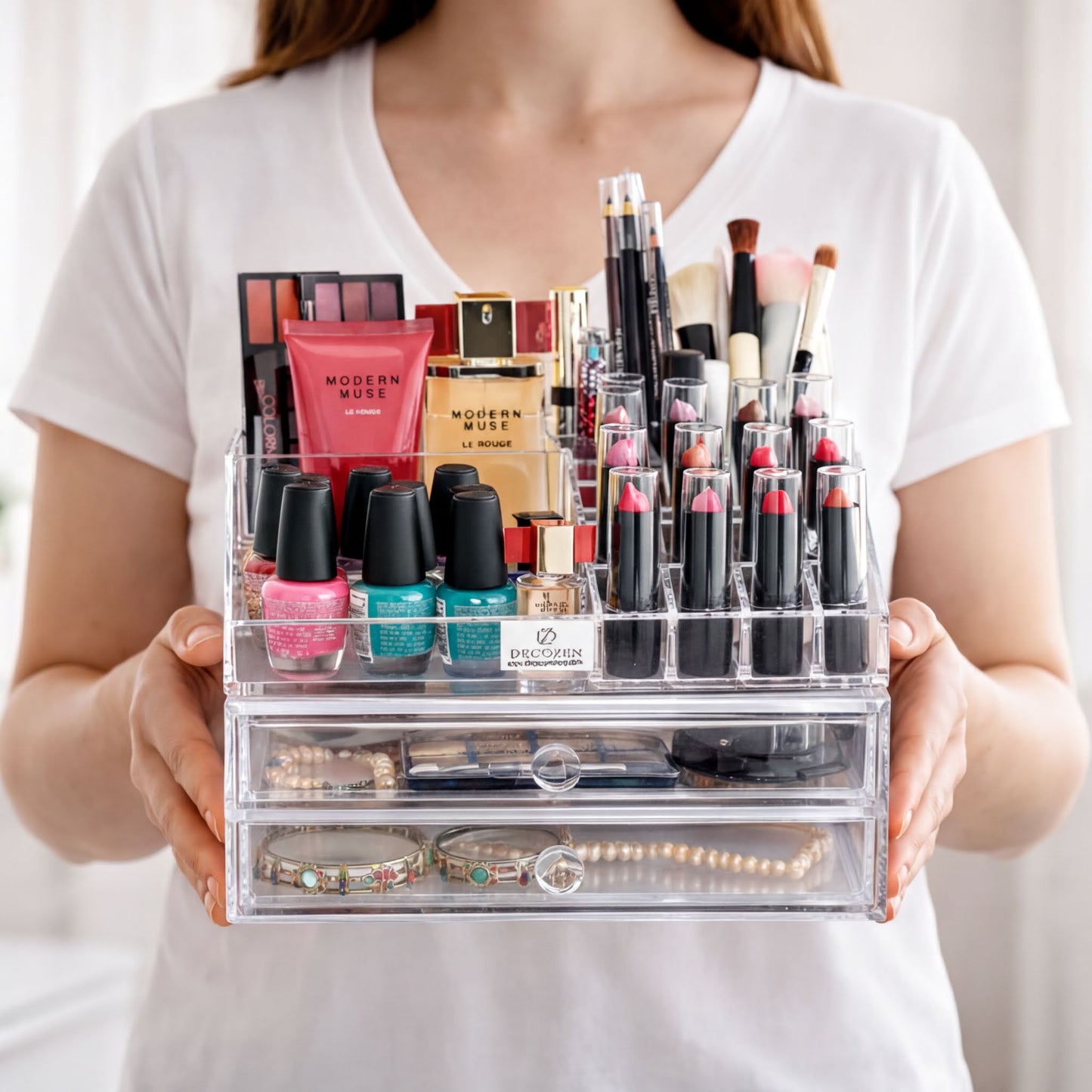 Clear Makeup Organizer - Acrylic Cosmetic Storage Box with 19 Slots & 2 Drawers