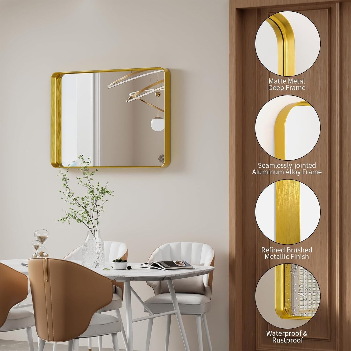 Bathroom Mirror 22x30 Inch Wall Mounted Gold Frame Tempered