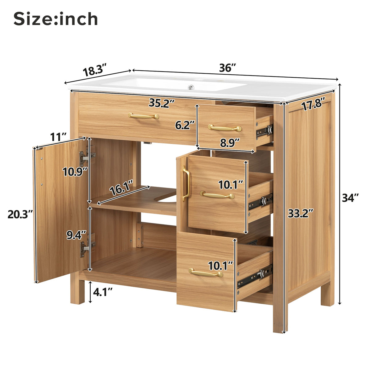 36" Wood Bathroom Vanity with Solid Wood Frame