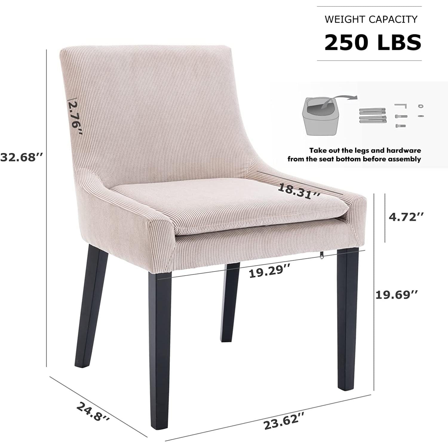 Beige Corduroy Dining Chairs With Wood Legs Set Of 6 dimensions and weight capacity specifications.