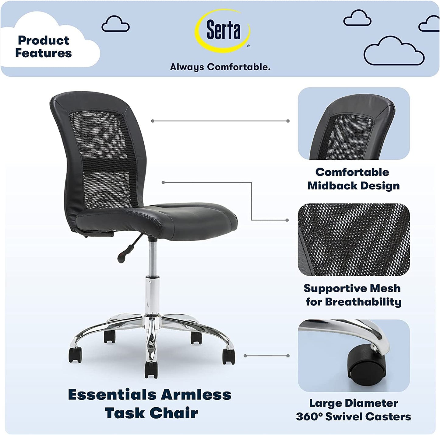 Armless Desk Chair With Mesh Back And Wheels Black