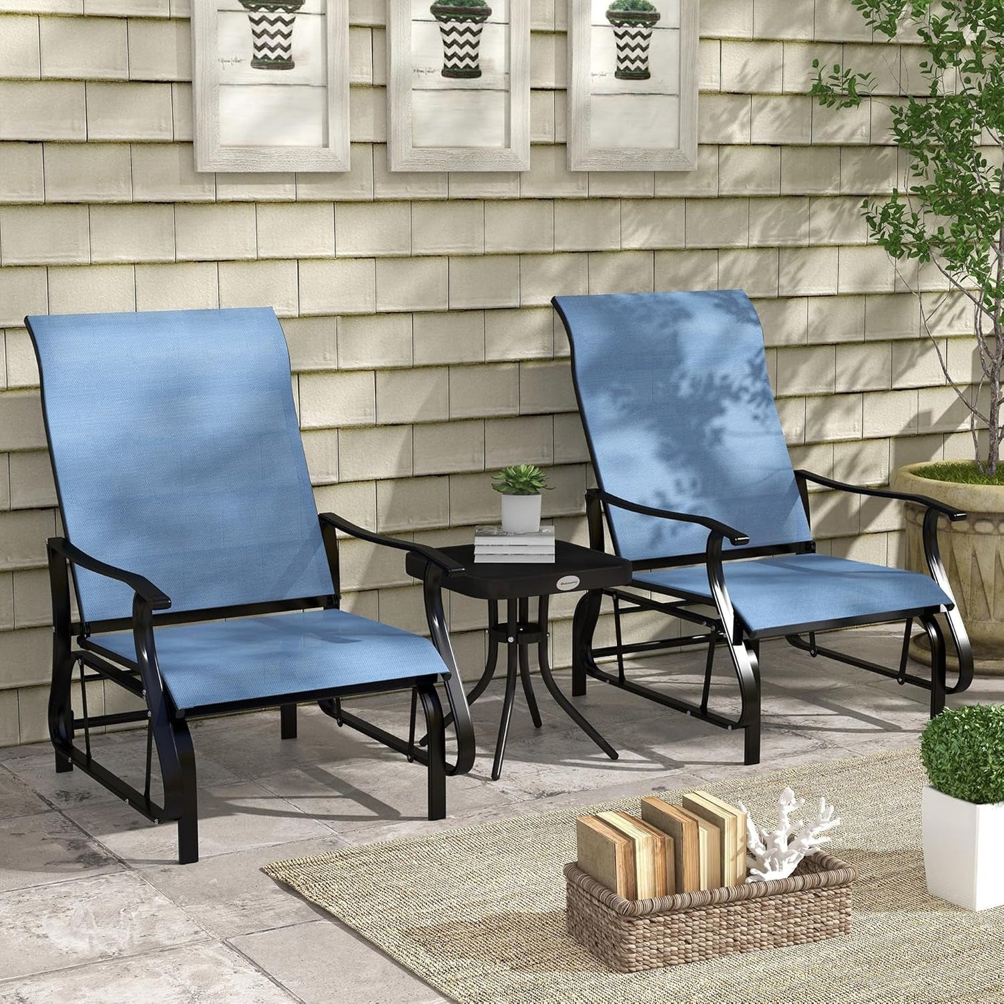 Light Blue Outdoor Glider Set With Steel Frame Glass Table